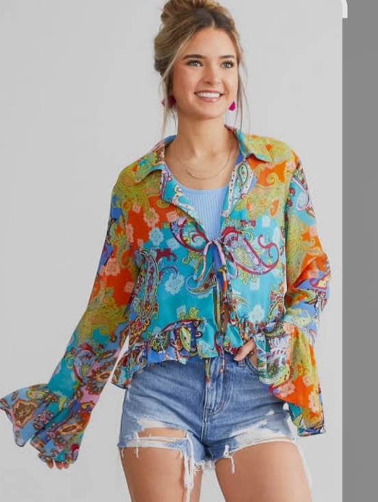 willow & root Tops - Willow & Root Mixed Paisley Print Chiffon Blouse, L, Style#8350